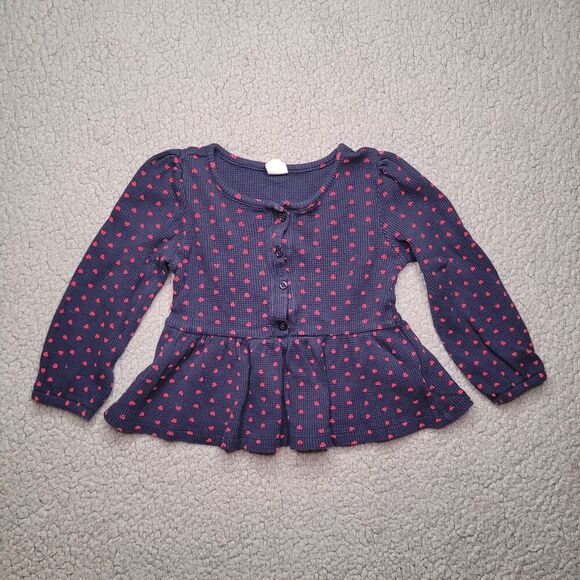Baby Gap Shirt Girls Toddlers 3 Years Blue Red Hearts Waffle Knit Peplum Ruffles - Picture 1 of 6